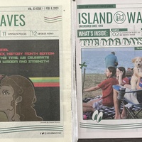 Photo copy of a  colored copy of Island Waves student newspaper front pages of Vol. 33, Issue 1, February 9, 2923 and Vol. 37, Issue 6, July 21, 2023