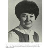 Ms. Karen Ann Smith, Parliamentarian, Chairman of Constitutional Revision Committee, Player’s Club, Secretary, Silver King Staff, Delta Phi Omega, Vice President, Student Education Association, President, Student Representative to faculty and Administrative Curriculum of the University of Corpus Christi, 1966-67.
Source: The Student Yearbook of the University of Corpus Christi, titled, 'UCC', published in the year 1966-67.