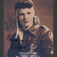 A woman in a pilot uniform with text that reads "Charlyene Creger Women Airforce Service Pilots"