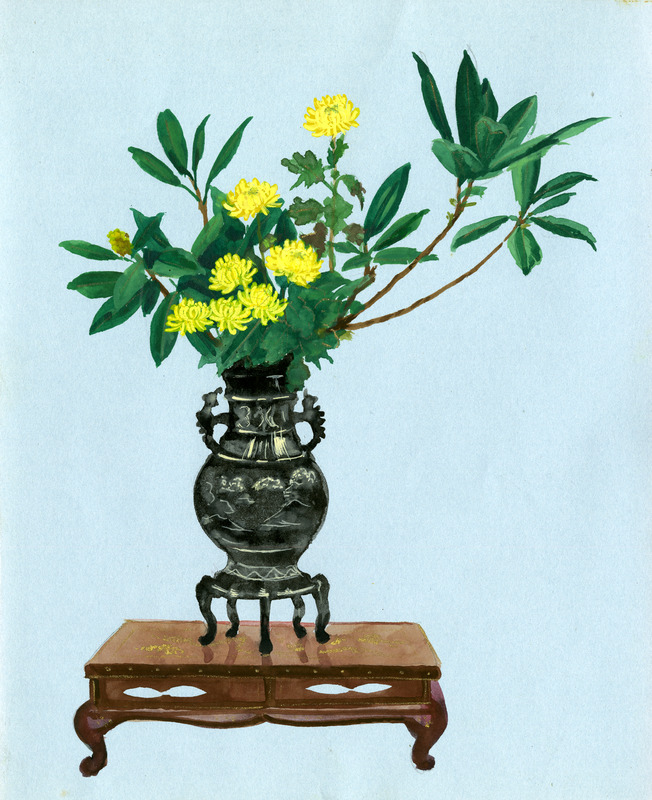Painting of a vase with green leaves and yellow flowers on a wooden pedestal against a light blue background.