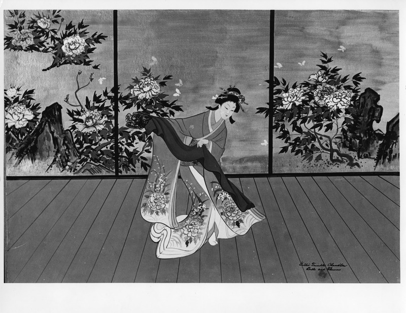 Traditional Japanese dancer in a floral kimono with a backdrop of sliding panels featuring flowers and mountains.