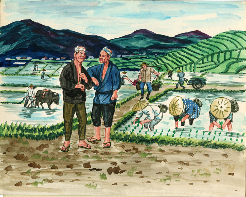 People working in a rice paddy with mountains in the background. Two men stand conversing in the foreground.