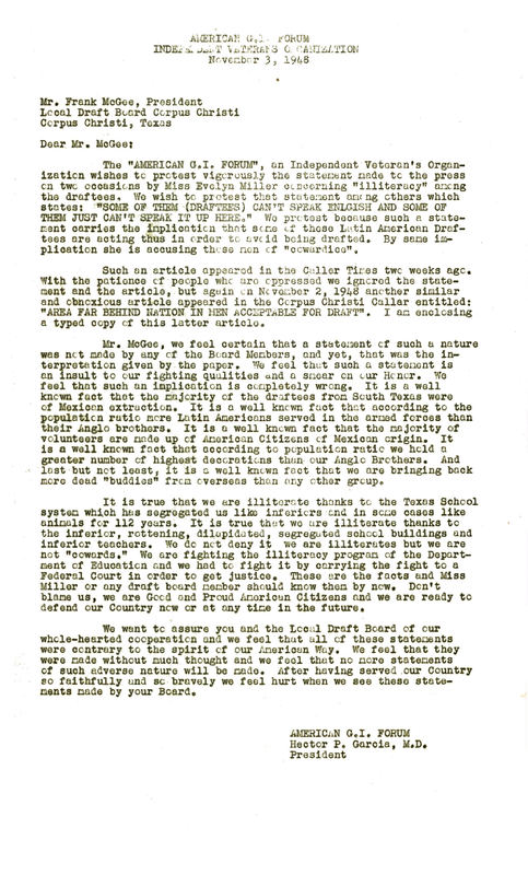 Letter from Dr. Garcia to Frank McGee, Corpus Christi Draft Board, promoting equal treatment for all those serving in the armed forces.