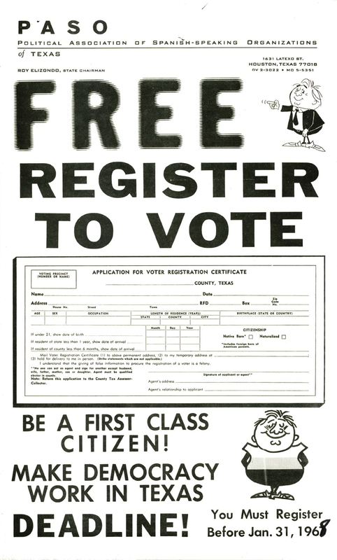 Photograph of a register to vote flyer from PASO urging Latinos to vote.