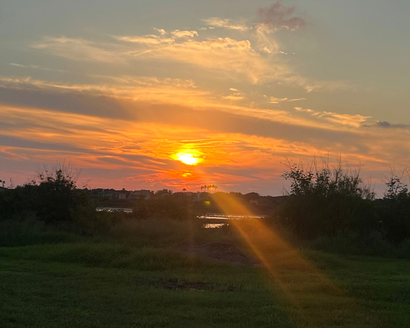 Sunset over a grassy landscape with clouds and distant silhouettes.