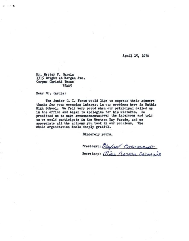 Letter of thanks to Dr. Garcia from two members of the Junior GI Forum for helping with putting an end to discrimination at their Texas high school. 