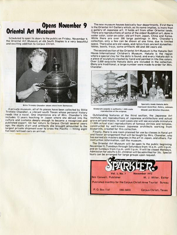 Page promoting the Oriental Art Museum's opening, featuring text, two black-and-white photos, and an advertisement for a publication called "The Texas Tropical Coast Sparkler."