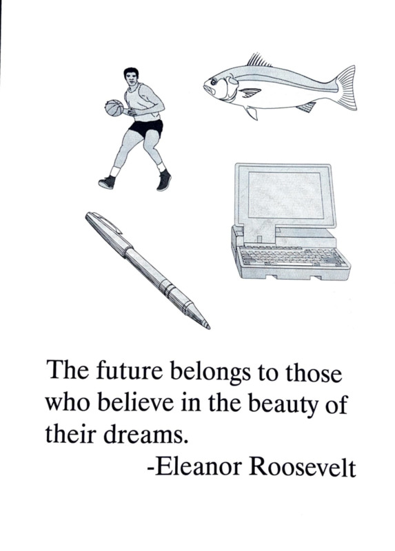 Page 1: Starting from the top left corner going clockwise: clip art of a man playing basketball, a fish, a computer and a pen
Page 3: top: a men’s basketball team in yellow uniforms with their coach, bottom: a group of people in sports uniforms
Page 8: top: a woman smiling in a striped shirt holds a very large stuffed blue gorilla, bottom: a smiling woman in a striped shirt and black skirt standing in a dark parking lot
Page 11: top: a person in red graduation regalia stands between a man and woman on a running track, bottom: a smiling woman in a purple top sits in front of a man in a blue skirt and hat with his hands on her shoulders