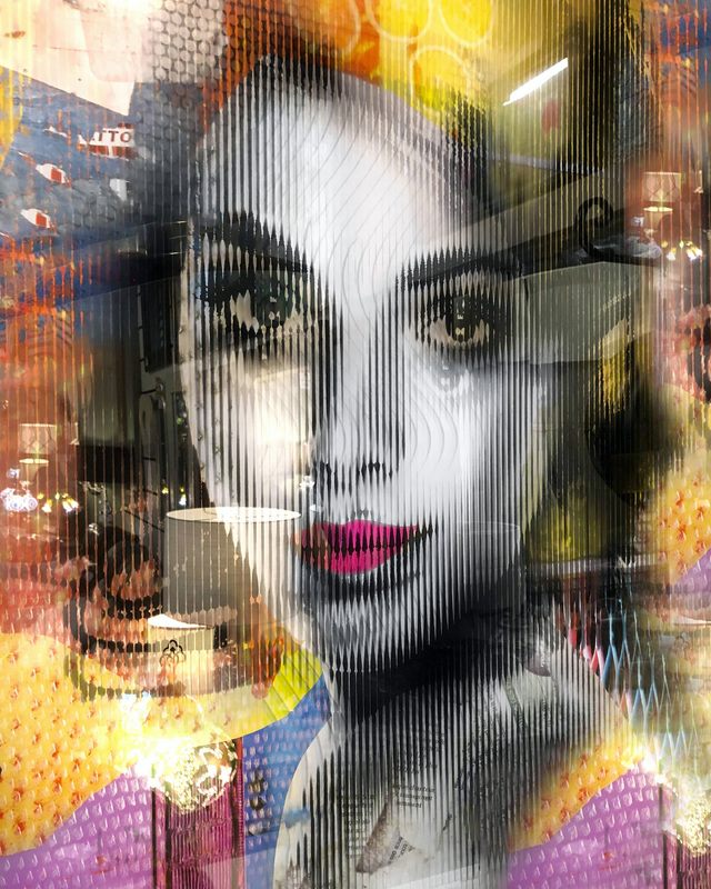 Composite image of a woman’s face with vertical lines, pink lips, and a colorful, abstract background.