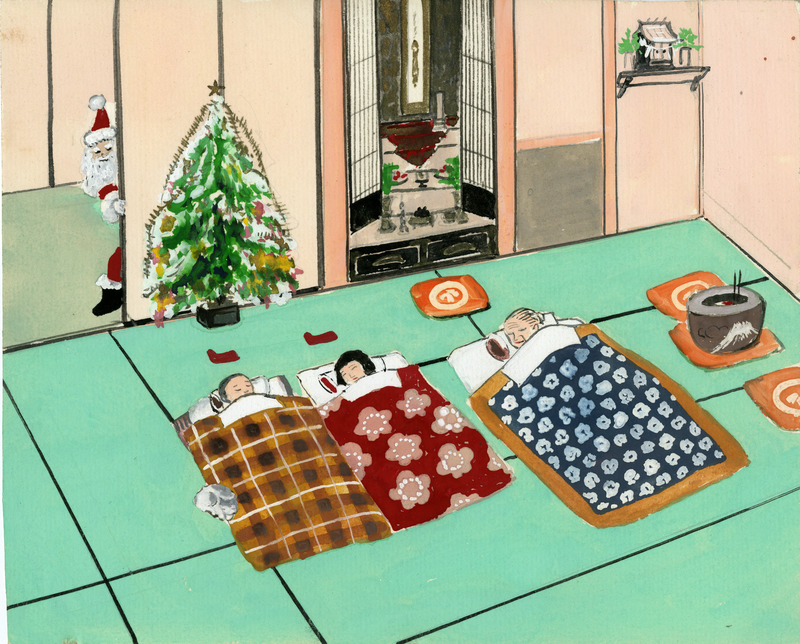 Illustration of a Japanese room with people sleeping under blankets, a Christmas tree, a shrine, and Santa Claus peeking from a sliding door.