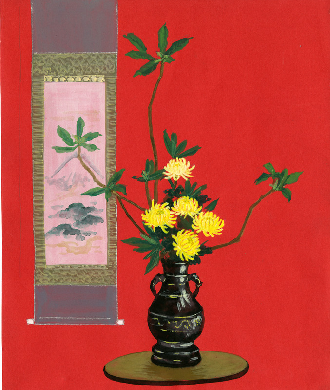 A dark vase with yellow chrysanthemum flowers and a scroll painting on a red background.