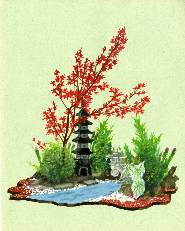 Miniature garden scene with a stone pagoda, red and green foliage, and a small stream.