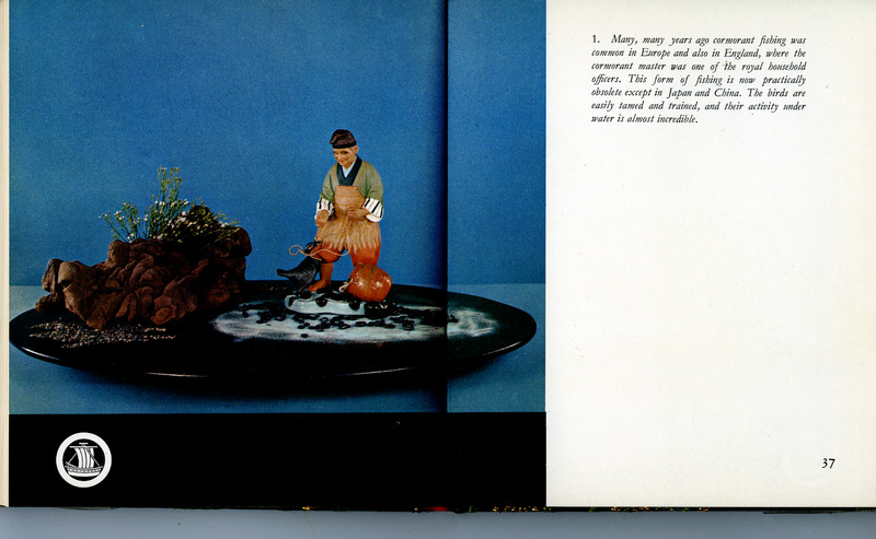Page from a book showing a model of a fisherman beside a rock and plant arrangement, paired with text about historical cormorant fishing practices in Europe, Japan, and China.
