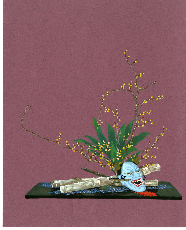 Still-life arrangement with a blue mask, budding branches, and textured objects on a dark platform.