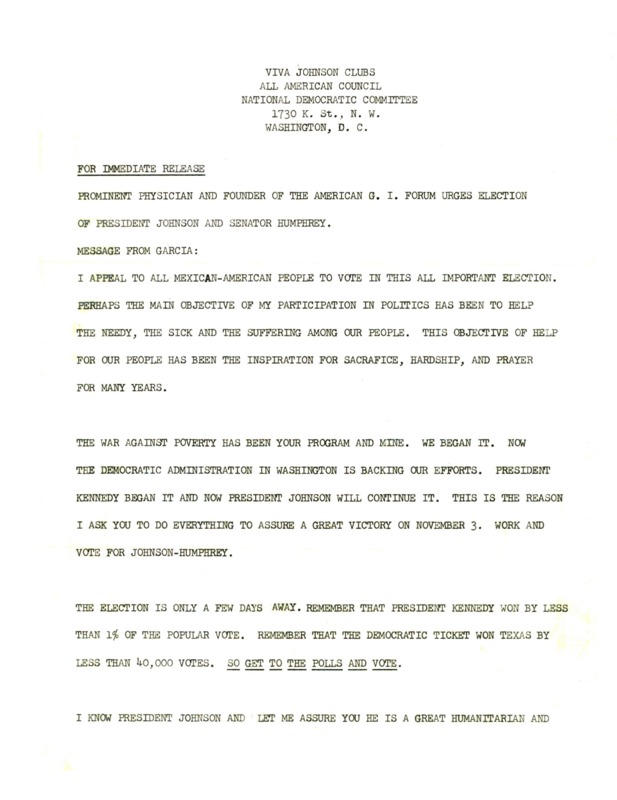 Official statement where Dr. Garcia urges Mexican Americans to vote for President Johnson.