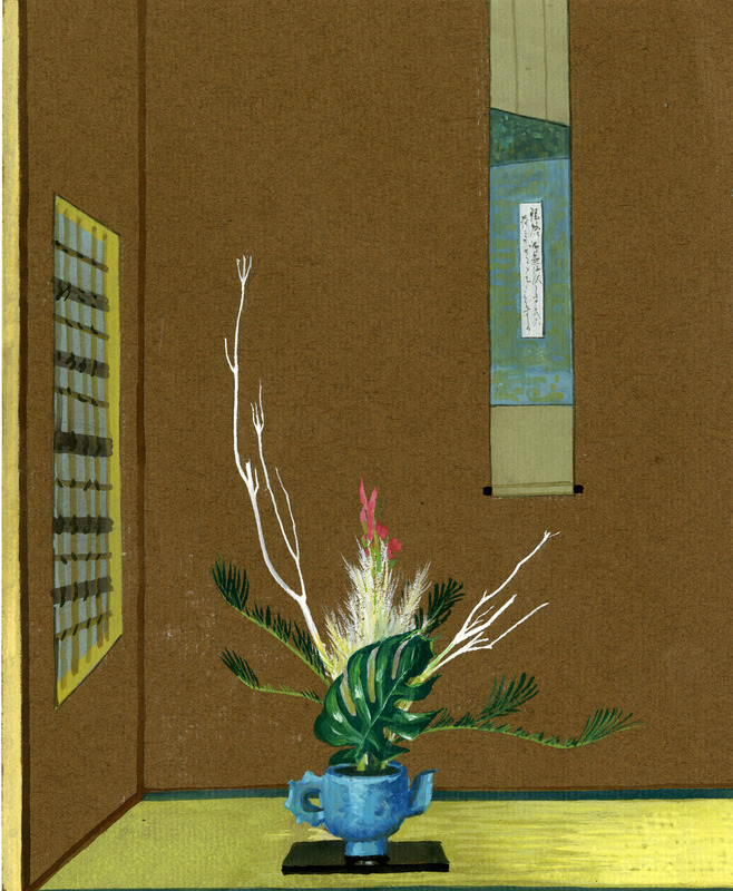 Traditional Japanese room with floral arrangement in a blue teapot vase and a hanging scroll with calligraphy.