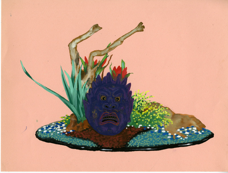 Surreal landscape with a purple face mask, green leaves, red flowers, and two branches on a rocky base.