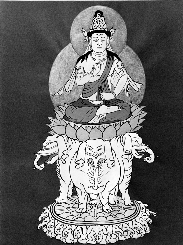 Drawing of a central seated figure on a lotus, atop three elephants.