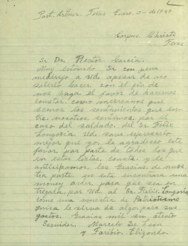 Letter from Marcelo De Leon and Faribio Elizondo to Dr. Garcia ensuring that the Longoria family's travel expenses were taken care of to the funeral in Arlington National Cemetery in Virginia.