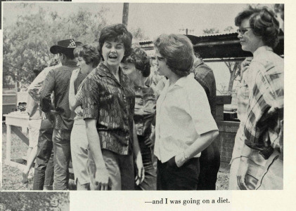 Two students chatting outside with the caption "--and I was going to diet."