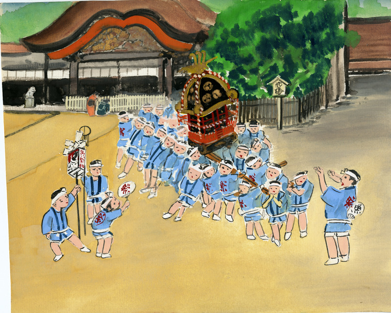 Children in blue attire participate in a Japanese festival carrying a decorated portable shrine.