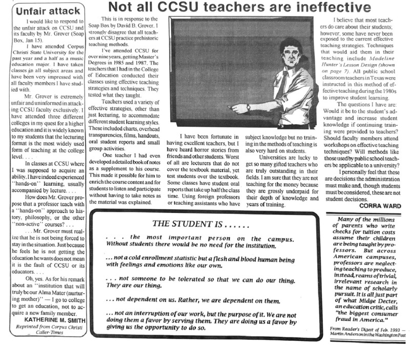 Island Waves - February 9, 1993, p. 6. Titles: (1) Unfair Attack & (2) Not all  CCSU Teachers are Ineffective. A couple of articles responded to the reprinted article to disagree with the author's position on university faculty's teaching. 