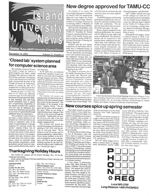 A photocopy of the physical university newspaper dated November 15, 1993