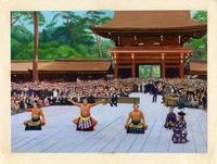 Sumo wrestling ceremony in front of a large temple gate with a crowd watching.