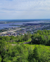 Panoramic view of a city with trees in the foreground and a river and bridges in the distance under a cloudy sky.