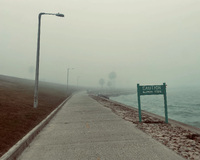 A foggy pathway along a waterfront with street lamps, a caution sign, and palm trees in the distance.

Transcribed Text:

CAUTION SLIPPERY STEPS