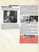Page promoting the Oriental Art Museum's opening, featuring text, two black-and-white photos, and an advertisement for a publication called "The Texas Tropical Coast Sparkler."