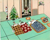 Illustration of a Japanese room with people sleeping under blankets, a Christmas tree, a shrine, and Santa Claus peeking from a sliding door.