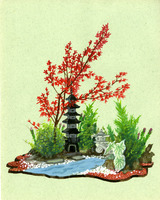 Miniature garden scene with a stone pagoda, red and green foliage, and a small stream.