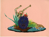Surreal landscape with a purple face mask, green leaves, red flowers, and two branches on a rocky base.
