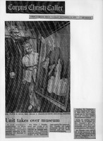 Newspaper clipping with a photo of Col. Floyd H. Buch and Mrs. Billie T. Chandler beside a framed painting, titled "Unit takes over museum."

Text Transcription:

Headline: Corpus Christi Caller

Date and Section: Corpus Christi, Texas, Tuesday, September 10, 1974, Section B

Caption: Col. Floyd H. Buch, Mrs. Billie T. Chandler with Oriental painting

Article Title: Unit takes over museum

Article Body: A new nonprofit organization, the Billie Trimble Chandler Art Foundation, yesterday assumed ownership of the Japanese Art Museum of Corpus Christi. Mrs. Billie T. Chandler, owner and creator of the museum, donated the collection of Japanese dolls, objects d’art, dioramas, sculptures, paintings and scale models to the foundation. Under terms of the agreement, Mrs. Chandler was named permanent director of the museum and will retain ownership of the building.

Heading the foundation’s executive board is Col. Floyd H. Buch (USA, ret.). Other officers are Dr. Sam Woolvin and J.B. Trimble; DeWitt Morgan and Sam Gottlich.

During the meeting which followed the acceptance of Mrs. Chandler’s gift, the chairman announced a membership drive, which will include a mailing of brochures.

Mrs. Chandler made a gift of $500 to the foundation to be used to pay the expenses of the Japanese ambassador for a visit to Corpus Christi.
