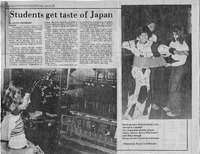 Newspaper page with an article on students learning about Japanese culture, featuring photos of children engaging with exhibits and dressing in a kimono.

Text Transcription:

Headline: Students get taste of Japan
Byline: By Patsy Lochbaum
Article Text: Elementary school children in Corpus Christi have added Japanese culture to their curriculum. How to tie a kimono, hold chopsticks and paint Japanese brush characters are part of a crash course for student visitors to the Japanese Museum, 426 S. Staples. Five to six groups of students visit the museum each week, Director Joe McKinley said.
Japanese-native Hisako Ochiai teaches the two-hour culture class and provides art collections donated by the Billie Trimble Chandler Arts Foundation.
Mrs. Chandler collected more than 1,000 hand-painted Hakata dolls representing every phase of Japanese culture during 17 years of teaching American dependents in Japan. She paid more than $10,000 to ship the dolls and other collections from Corpus Christi to set up the museum in 1973.
Many of the dolls are displayed in sealed models of Japanese land-marks, including the Gold Pavilion in Kyoto, a geisha house, a rural farm scene, and a fishing village. (More detailed article text continues...)
Caption: Sixth grader Debra Smith, left, admires a model of a Japanese geisha house while, above, Steve Whiteaker and Dina Baugh dress Javier Garza in a kimono (Photos by Patsy Lochbaum).
