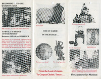 Brochure page featuring photographs and text about Japanese art, highlighting artifacts like bronzeware, hakata dolls, and more.