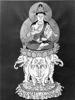 Drawing of a central seated figure on a lotus, atop three elephants.