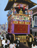 A decorated float with people in traditional attire at a Japanese festival.
