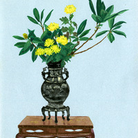 Painting of a vase with green leaves and yellow flowers on a wooden pedestal against a light blue background.