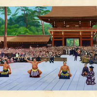 Sumo wrestling ceremony in front of a large temple gate with a crowd watching.