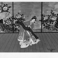 Traditional Japanese dancer in a floral kimono with a backdrop of sliding panels featuring flowers and mountains.