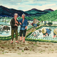 People working in a rice paddy with mountains in the background. Two men stand conversing in the foreground.