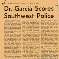 Photograph of Dr. Garcia speaking out against Southwest Police brutality in a newspaper article.
