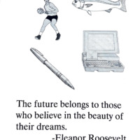 Page 1: Starting from the top left corner going clockwise: clip art of a man playing basketball, a fish, a computer and a pen
Page 3: top: a men’s basketball team in yellow uniforms with their coach, bottom: a group of people in sports uniforms
Page 8: top: a woman smiling in a striped shirt holds a very large stuffed blue gorilla, bottom: a smiling woman in a striped shirt and black skirt standing in a dark parking lot
Page 11: top: a person in red graduation regalia stands between a man and woman on a running track, bottom: a smiling woman in a purple top sits in front of a man in a blue skirt and hat with his hands on her shoulders