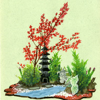 Miniature garden scene with a stone pagoda, red and green foliage, and a small stream.