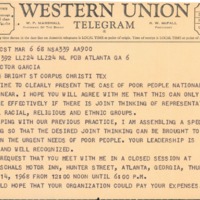 Telegram from Dr. Martin Luther King, Jr. to Dr. Garcia inviting Dr. Garcia to a meeting in order to discuss the needs of the nation's poor.