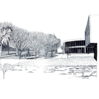 This is a black and white drawing of the TAMU-CC campus as viewed from the O'Connor Building- looking in the southeast direction. From left to right, there is a palm tree, a shrub, and grass in the foreground; Lee Plaza with multiple trees around the fountain;  a partial view of the entrance to the Student Services Center (Round Building) in the background; and the Islander Welcome Center building entrance.