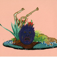 Surreal landscape with a purple face mask, green leaves, red flowers, and two branches on a rocky base.