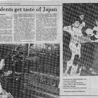 Newspaper page with an article on students learning about Japanese culture, featuring photos of children engaging with exhibits and dressing in a kimono.

Text Transcription:

Headline: Students get taste of Japan
Byline: By Patsy Lochbaum
Article Text: Elementary school children in Corpus Christi have added Japanese culture to their curriculum. How to tie a kimono, hold chopsticks and paint Japanese brush characters are part of a crash course for student visitors to the Japanese Museum, 426 S. Staples. Five to six groups of students visit the museum each week, Director Joe McKinley said.
Japanese-native Hisako Ochiai teaches the two-hour culture class and provides art collections donated by the Billie Trimble Chandler Arts Foundation.
Mrs. Chandler collected more than 1,000 hand-painted Hakata dolls representing every phase of Japanese culture during 17 years of teaching American dependents in Japan. She paid more than $10,000 to ship the dolls and other collections from Corpus Christi to set up the museum in 1973.
Many of the dolls are displayed in sealed models of Japanese land-marks, including the Gold Pavilion in Kyoto, a geisha house, a rural farm scene, and a fishing village. (More detailed article text continues...)
Caption: Sixth grader Debra Smith, left, admires a model of a Japanese geisha house while, above, Steve Whiteaker and Dina Baugh dress Javier Garza in a kimono (Photos by Patsy Lochbaum).